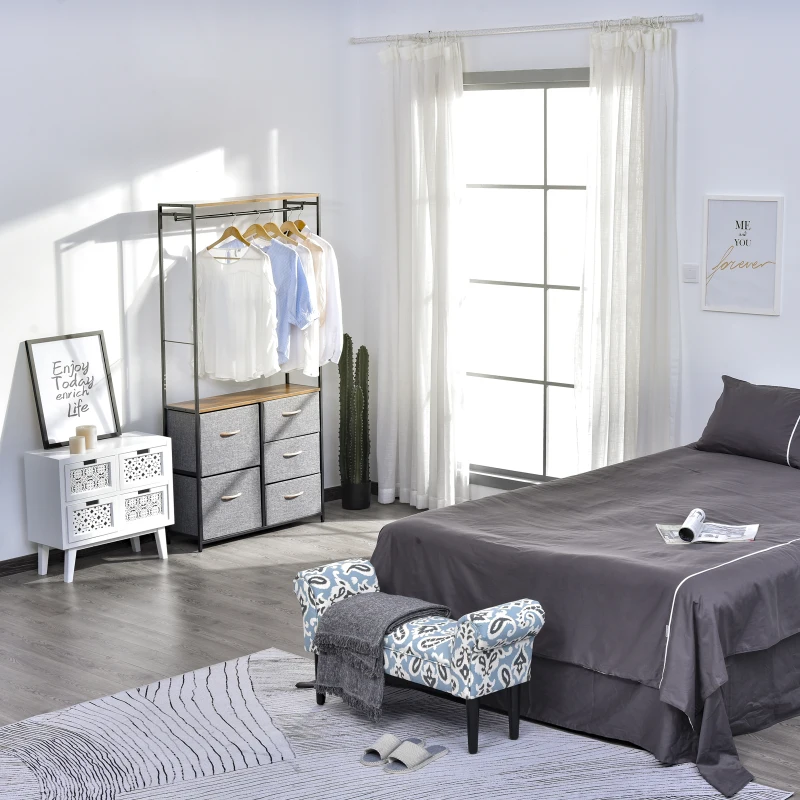 HOMCOM Linen Upholstered Vanity Accent Bench With Armrests - Blue Grey Paisley