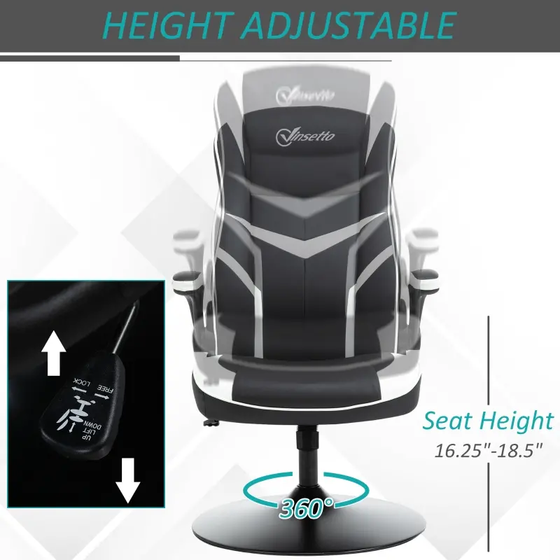 Vinsetto High Back Video Gaming Chair Height Adjustable Flip-up Armrest 360° Swivel Racing Gamer with Pedestal Base, Black and White
