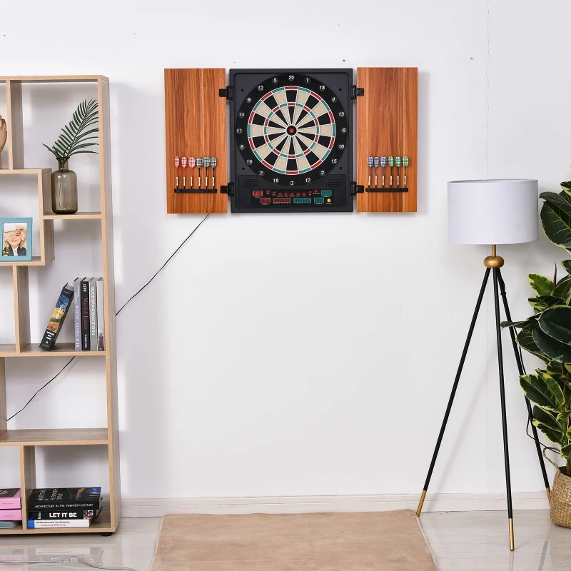 Soozier Electronic Dartboard Cabinet Set with 27 Main Games, 202 Variations, 12 Darts for Multi-Game Option Ready-to-Play, Light Brown