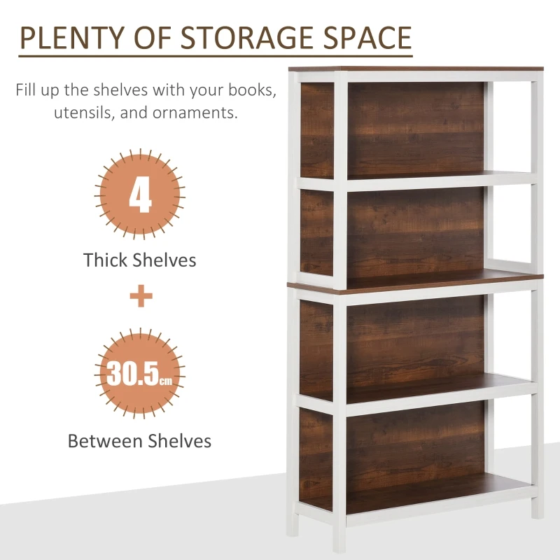 HOMCOM Shelves for Storage, 4 Tier Bookshelf Utility Organizer with Back Support and Anti-Topple Design, Walnut/White
