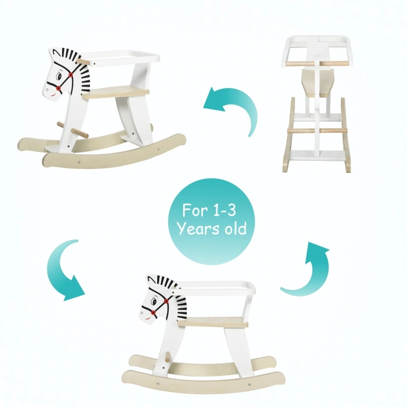 Qaba Wooden Rocking Horse Toddler Baby Ride-on Toys for Kids 1-3 Years with Classic Design & Wood Safety Bar, White