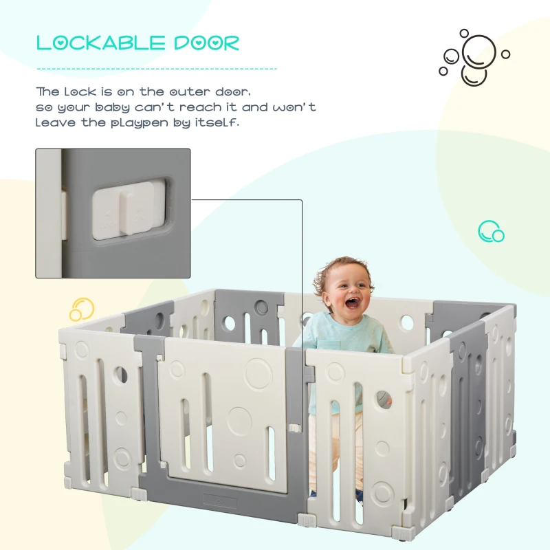 Qaba 12-Piece Children Baby Playpen Kids Activity Center Fence for Kids with Easy Safety Gate & Built-In Fun Toys, Grey