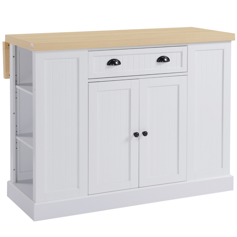 HOMCOM Fluted-Style Wooden Kitchen Island Cabinet with Drop Leaf, Drawer, Open Shelving, and Interior Shelving - White