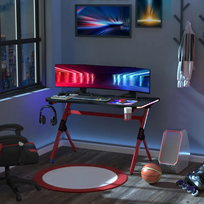 HOMCOM 43in Gaming Desk with RGB LED Lights Racing Style Gaming Table with Cup Holder & Cable Management, Red