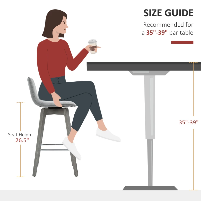 HOMCOM Swivel Bar Stools Set of 2, Counter Height Barstools Linen Fabric Padded Chair with 26.5" Seat Height and Footrest, Grey