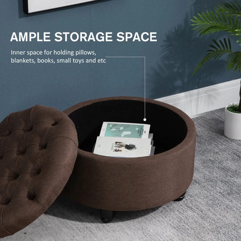 HOMCOM Round Linen-touch Fabric Storage Footstool Ottoman Button Tufted Footrest with Removable Lid, Brown