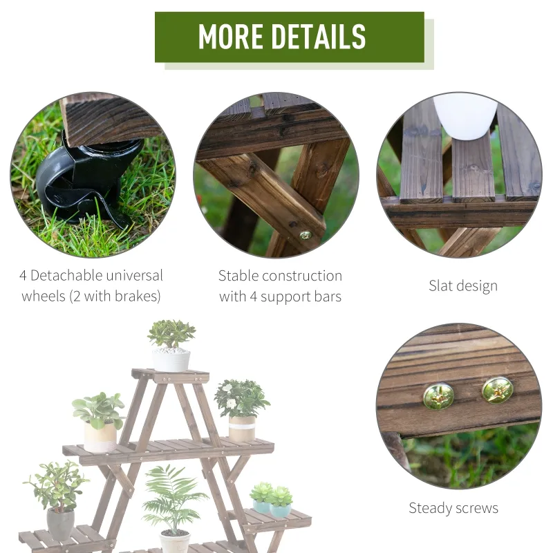 Outsunny Outdoor Plant Stand w/ Wheels and Brakes, Mobile Wood Plant Shelf Flower Stand for Garden Balcony Backyard Corner Living Room, Brown