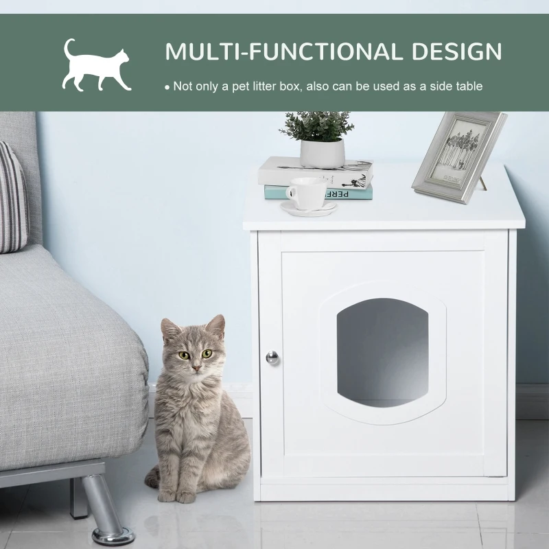 PawHut Decorative Wooden Covered Cat House Side End Table Mess Free Cat Litter Box Hideaway Cabinet Enclosure - White