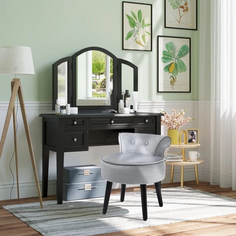 HOMCOM Modern Foot stool Ottoman, Small Leisure Chair Upholstered, Button Tufted Armless Club Chair Wingback Chair with Low Back, Velvet Style Fabric and Stable Fir Legs, Grey