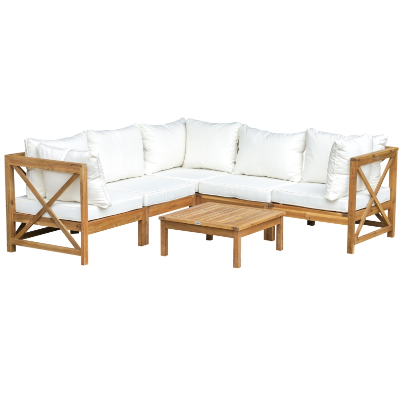 Outsunny 6-Piece Acacia Wood Patio Sofa Sectional Set with Modular Design, Coffee Table, & 8 Pillows Included, White