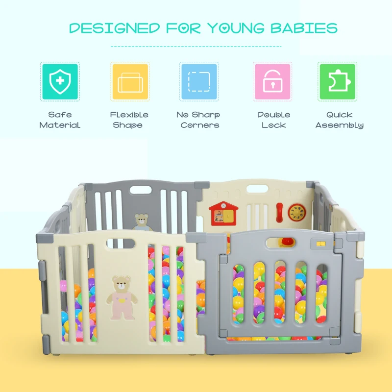 Qaba 8-Piece 62" x 62" x 25" Children Baby Playpen Kids Activity Center Fence for Kids with Easy Safety Gate & Flexible Design, White