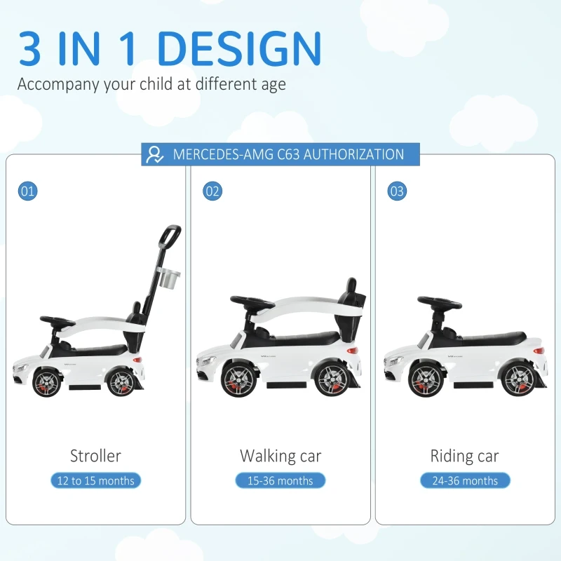 Aosom Push Cars for Toddlers Ride On & Push Car Stroller Sliding Walking Car with Underneath Storage Compartment & Working Steering Wheel, White