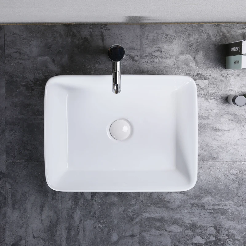 kleankin Rectangular Vessel Sink Above Counter Art Basin Porcelain Ceramic Bathroom Vanity Laundry Sink - High Glossy White