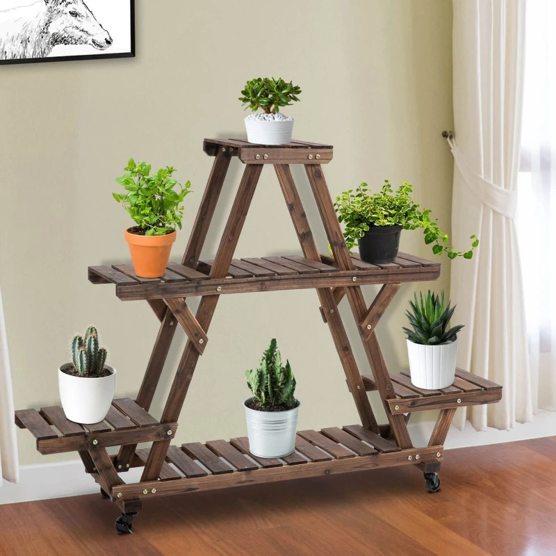 Outsunny Outdoor Plant Stand w/ Wheels and Brakes, Mobile Wood Plant Shelf Flower Stand for Garden Balcony Backyard Corner Living Room, Brown