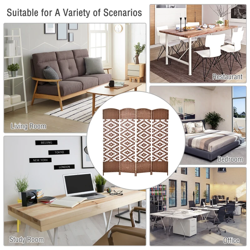 HOMCOM 6ft 4 Panel Diamond Weave Folding Room Divider with Freestanding Folding Screen & Stylish Wicker Material