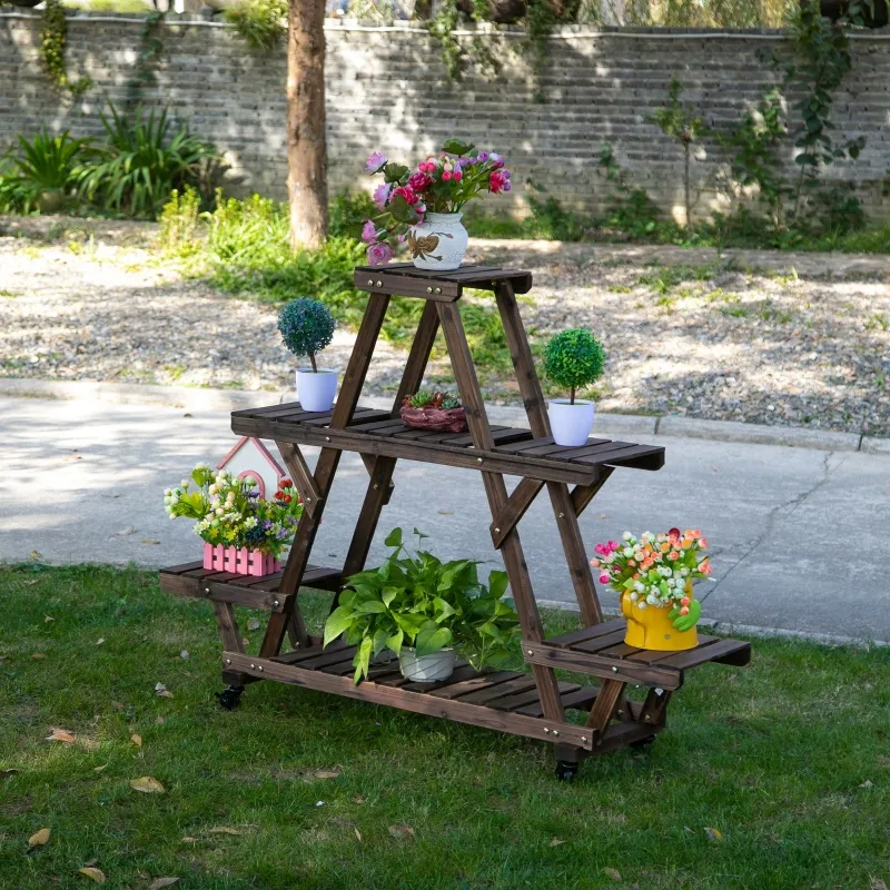 Outsunny Outdoor Plant Stand w/ Wheels and Brakes, Mobile Wood Plant Shelf Flower Stand for Garden Balcony Backyard Corner Living Room, Brown