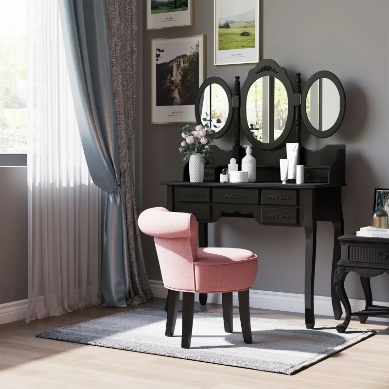 HOMCOM Upholstered Linen Vanity Stool with Curved Thick Padded Backrest, Rubberwood Legs, and Footpads, Pink