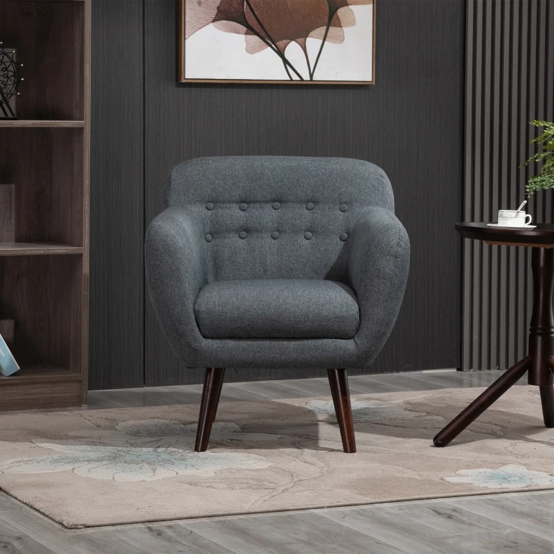 HOMCOM Accent Chair Linen-Touch Tufted Armchair Upholstered Leisure Lounge Sofa Club Chair with Wood Legs, Grey/Walnut