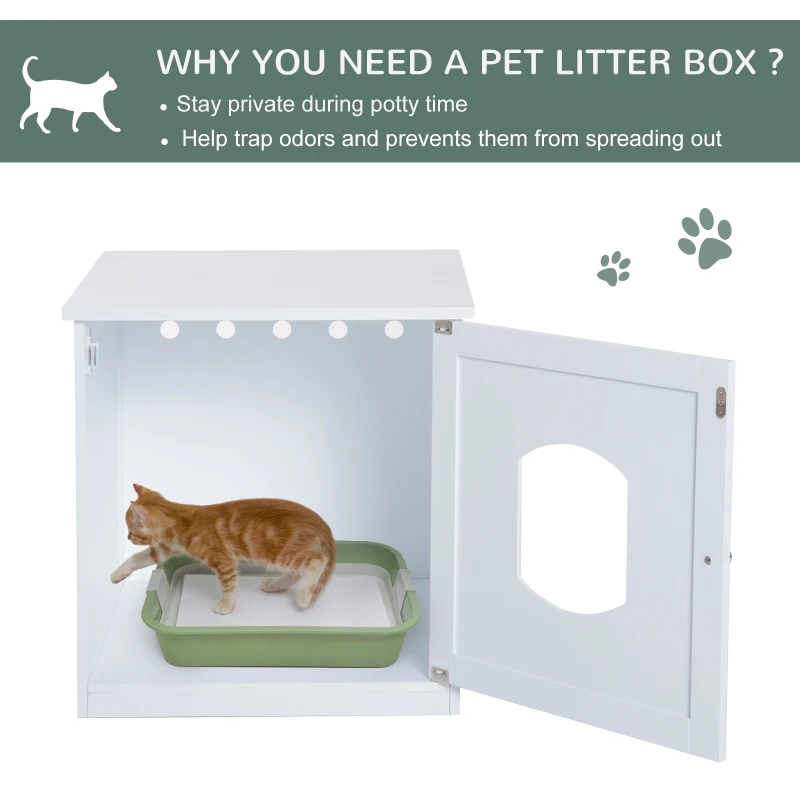 PawHut Decorative Wooden Covered Cat House Side End Table Mess Free Cat Litter Box Hideaway Cabinet Enclosure - White
