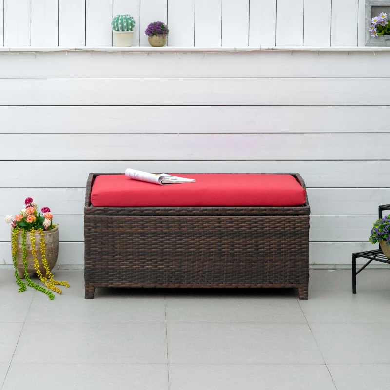 Outsunny 38 Gallon Outdoor Wicker Storage Bench Deck Box, PE Rattan Patio Furniture Pool Storage Bin Container with Interior Waterproof Cloth Bag and Comfortable Cushion, Red