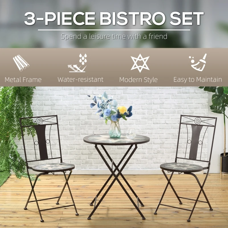 Outsunny 3 Piece Patio Bistro Set, Mosaic Pattern Metal Folding Chairs, Foldable Outdoor Dining Table for Decor, Garden, Poolside, Porch, Brown