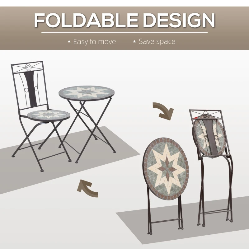 Outsunny 3 Piece Patio Bistro Set, Mosaic Pattern Metal Folding Chairs, Foldable Outdoor Dining Table for Decor, Garden, Poolside, Porch, Brown