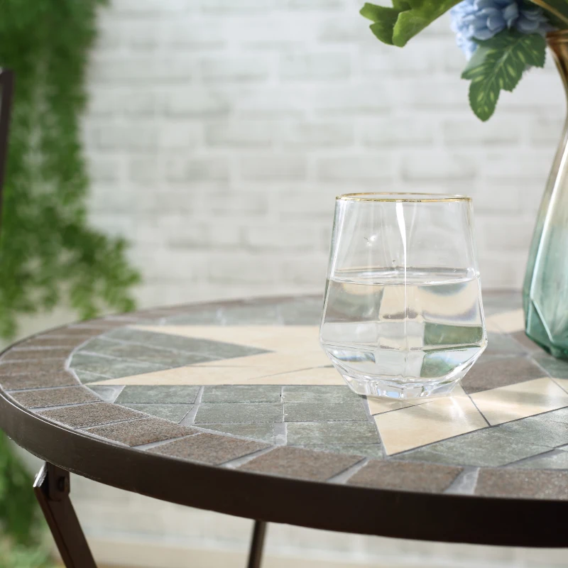 Outsunny 3 Piece Patio Bistro Set, Mosaic Pattern Metal Folding Chairs, Foldable Outdoor Dining Table for Decor, Garden, Poolside, Porch, Brown