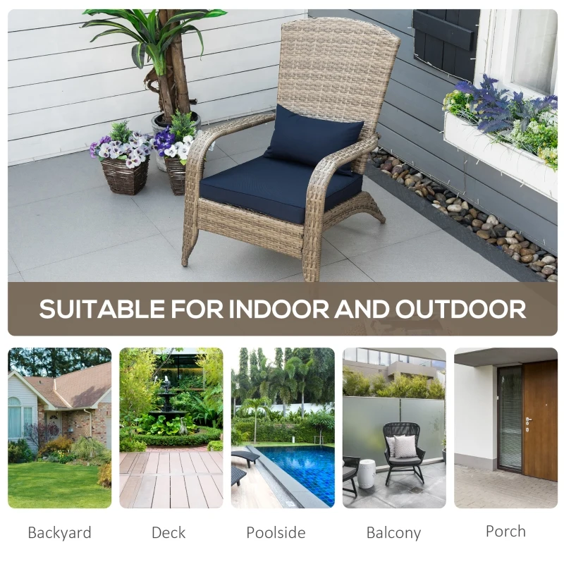 Outsunny Patio Wicker Adirondack Chair, Outdoor All-Weather Rattan Fire Pit Chair w/ Soft Cushions, Tall Curved Backrest and Comfortable Armrests for Deck or Garden, Dark Blue