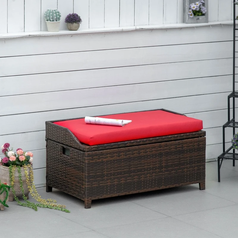 Outsunny 38 Gallon Outdoor Wicker Storage Bench Deck Box, PE Rattan Patio Furniture Pool Storage Bin Container with Interior Waterproof Cloth Bag and Comfortable Cushion, Red