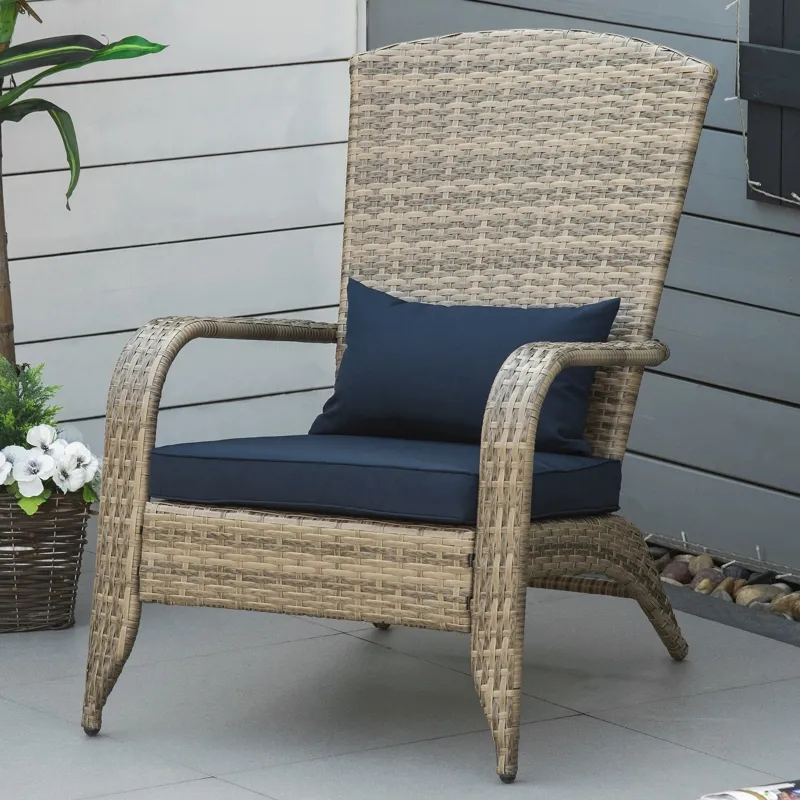 Outsunny Patio Wicker Adirondack Chair, Outdoor All-Weather Rattan Fire Pit Chair w/ Soft Cushions, Tall Curved Backrest and Comfortable Armrests for Deck or Garden, Dark Blue
