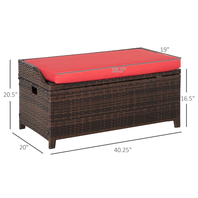 Outsunny 38 Gallon Outdoor Wicker Storage Bench Deck Box, PE Rattan Patio Furniture Pool Storage Bin Container with Interior Waterproof Cloth Bag and Comfortable Cushion, Red