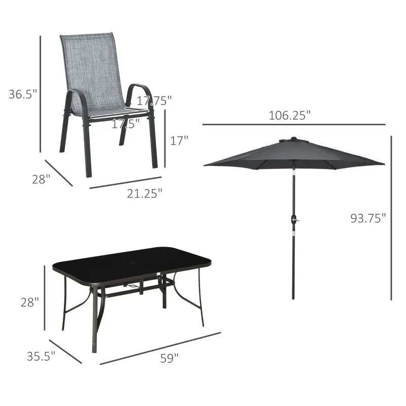 Outsunny 8-Piece Patio Dining Set with Umbrella, Grey - Includes 6 Chairs, Table, and UV Protection Umbrella for Outdoor Gatherings