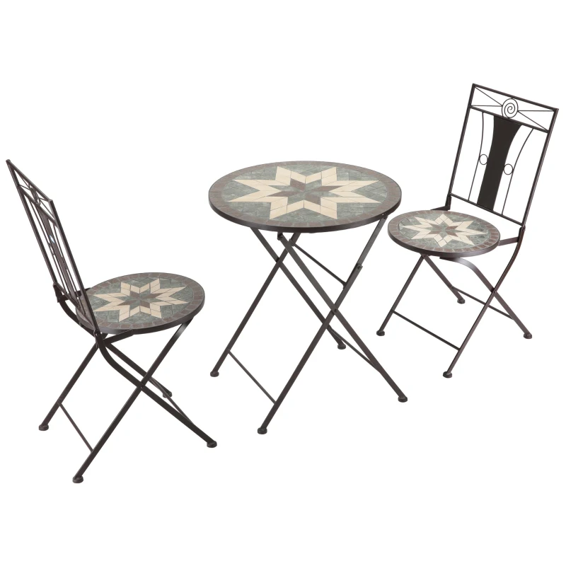 Outsunny 3 Piece Patio Bistro Set, Mosaic Pattern Metal Folding Chairs, Foldable Outdoor Dining Table for Decor, Garden, Poolside, Porch, Brown