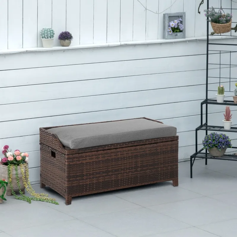 Outsunny 38 Gallon Outdoor Wicker Storage Bench Deck Box, PE Rattan Patio Furniture Pool Storage Bin Container with Interior Waterproof Cloth Bag and Comfortable Cushion, Cream White