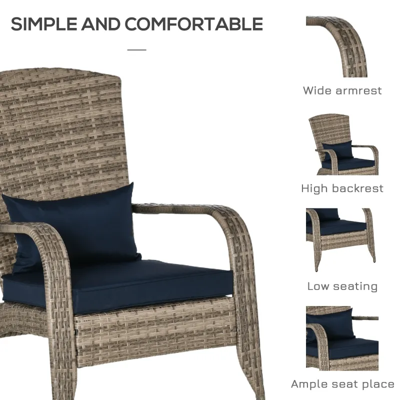 Outsunny Patio Wicker Adirondack Chair, Outdoor All-Weather Rattan Fire Pit Chair w/ Soft Cushions, Tall Curved Backrest and Comfortable Armrests for Deck or Garden, Dark Blue
