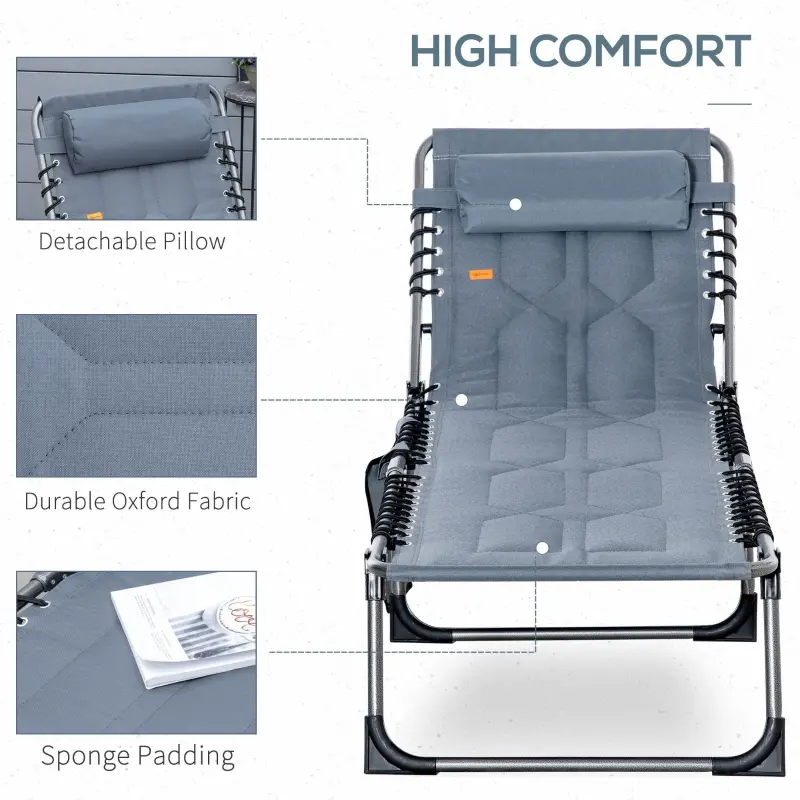 Outsunny Adjustable Outdoor Reclining Lounge Chair, Folding with Padded Comfort & Side Pocket, Grey - Versatile for Patio, Beach, Poolside Relaxation