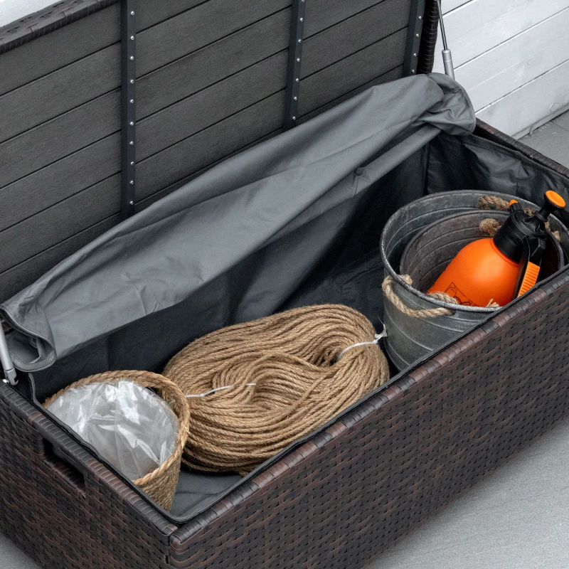 Outsunny 38 Gallon Outdoor Wicker Storage Bench Deck Box, PE Rattan Patio Furniture Pool Storage Bin Container with Interior Waterproof Cloth Bag and Comfortable Cushion, Red