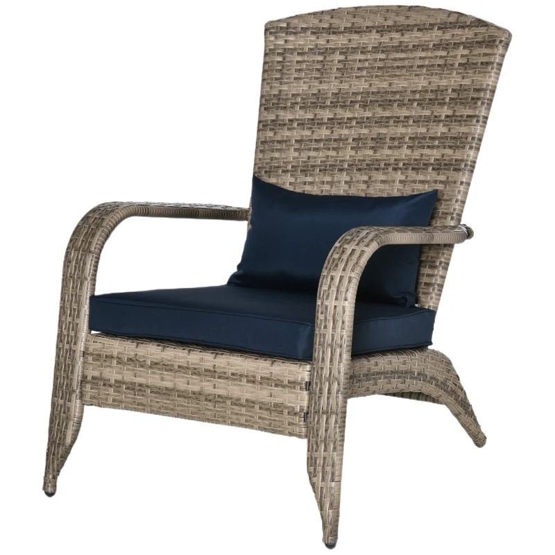 Outsunny Patio Wicker Adirondack Chair, Outdoor All-Weather Rattan Fire Pit Chair w/ Soft Cushions, Tall Curved Backrest and Comfortable Armrests for Deck or Garden, Dark Blue