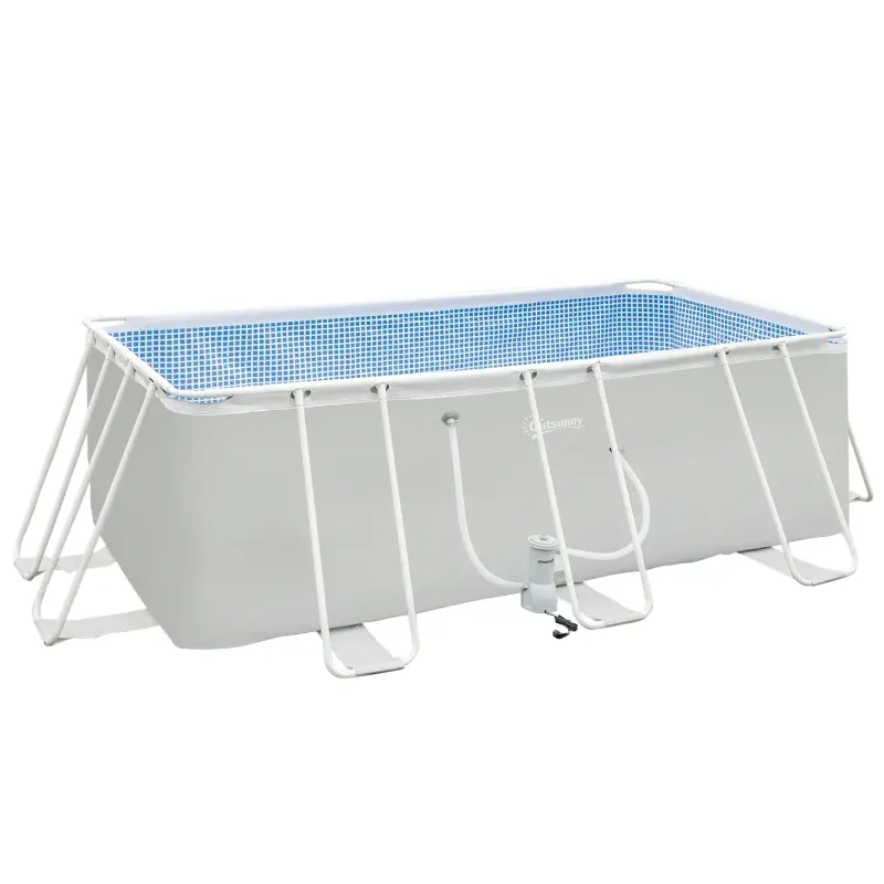 Outsunny 14' x 8' x 4' Above Ground Swimming Pool, Rectangular Steel Frame, Non-Inflatable, Filter Pump, Light Grey