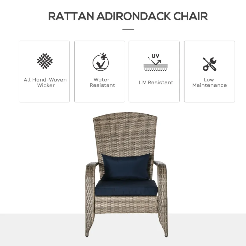 Outsunny Patio Wicker Adirondack Chair, Outdoor All-Weather Rattan Fire Pit Chair w/ Soft Cushions, Tall Curved Backrest and Comfortable Armrests for Deck or Garden, Dark Blue