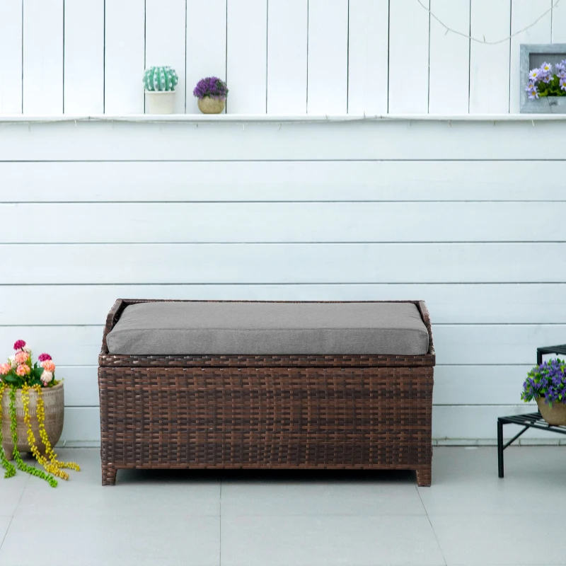 Outsunny 38 Gallon Outdoor Wicker Storage Bench Deck Box, PE Rattan Patio Furniture Pool Storage Bin Container with Interior Waterproof Cloth Bag and Comfortable Cushion, Cream White