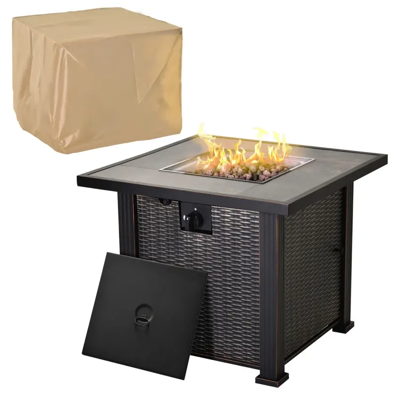 Outsunny 30 Inch Outdoor Propane Gas Fire Pit Table, 50,000 BTU Auto-Ignition Square Wicker-effect Gas Firepit with Ceramic Tabletop, Lid, Lava Rocks & Rain Cover, CSA Certification