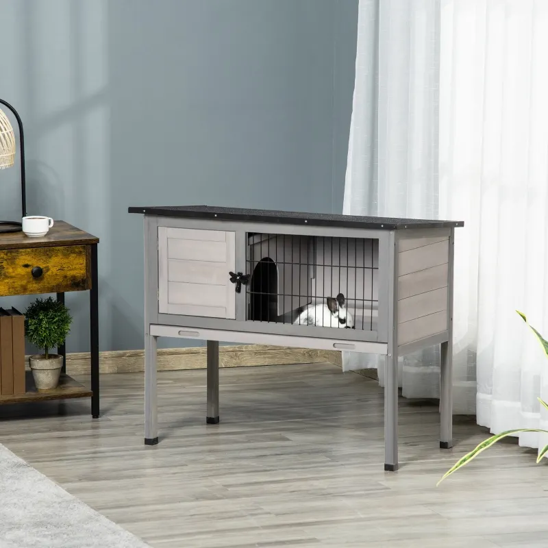 PawHut Wooden Rabbit Hutch Bunny Small Animal House with Openable Asphalt Roof, Slide-out Tray, Indoor/Outdoor, Grey