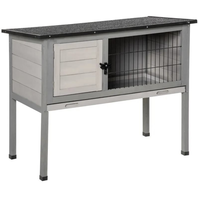 PawHut Wooden Rabbit Hutch Bunny Small Animal House with Openable Asphalt Roof, Slide-out Tray, Indoor/Outdoor, Grey