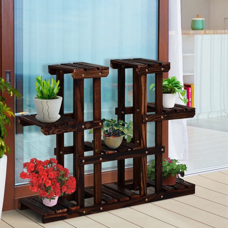 Outsunny Wooden 4 Tier Plant Pot Stand Vertical Carbonized Flower