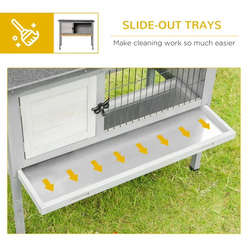 PawHut Wooden Rabbit Hutch Bunny Small Animal House with Openable Asphalt Roof, Slide-out Tray, Indoor/Outdoor, Grey