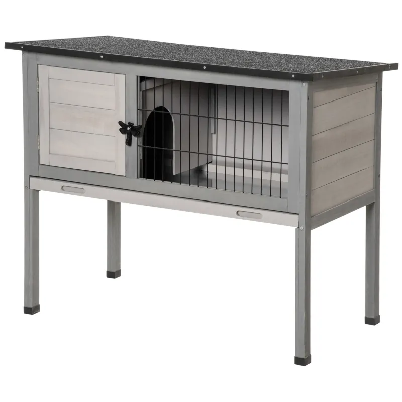 PawHut Wooden Rabbit Hutch Bunny Small Animal House with Openable Asphalt Roof, Slide-out Tray, Indoor/Outdoor, Grey