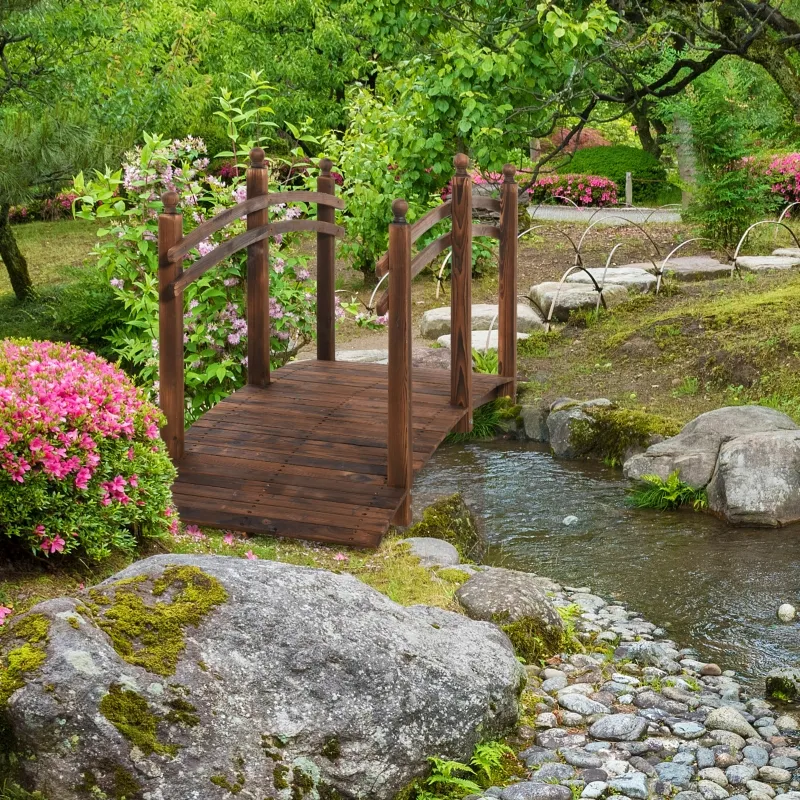 Outsunny 7.5' Fir Wood Garden Bridge Arc Walkway with Side Railings, Perfect for Backyards, Gardens, & Streams, Stained