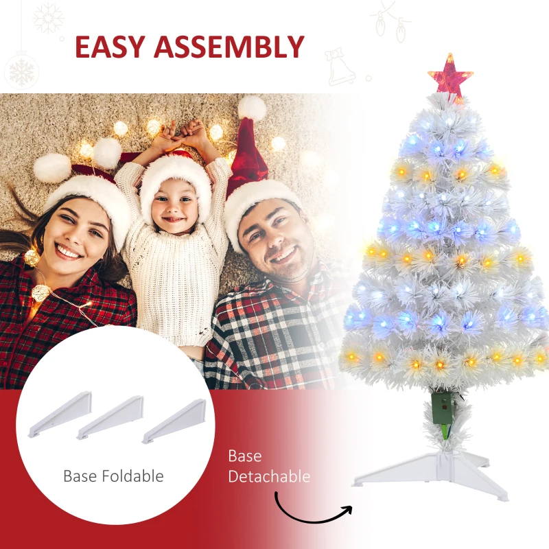 HOMCOM 3ft Tall Pre-Lit Douglas Fir Artificial Christmas Tree with Realistic Branches, 90 Multi-Color LED Lights, Fiber Optics, and 90 Tips, White