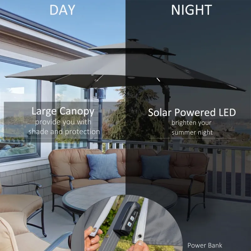 Outsunny 10FT Cantilever Patio Umbrella with Solar LED Lights & Power Bank, Double Top Outdoor Offset Umbrella with 360° Rotation, Tilt, Crank & Cross Base for Garden, Gray